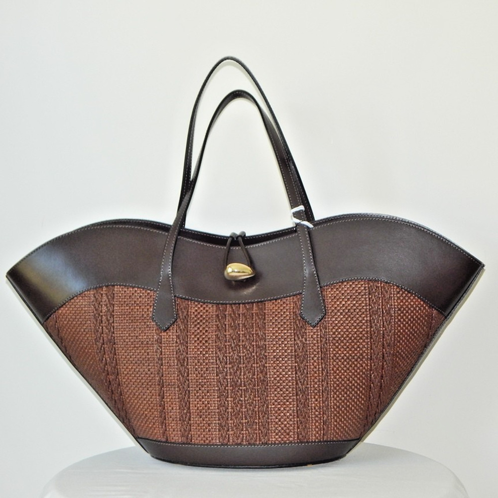 CHEVAL FIRENZE Miranda Max Large Raffia Leather Tote Bag Dark Brown ITALY NWT